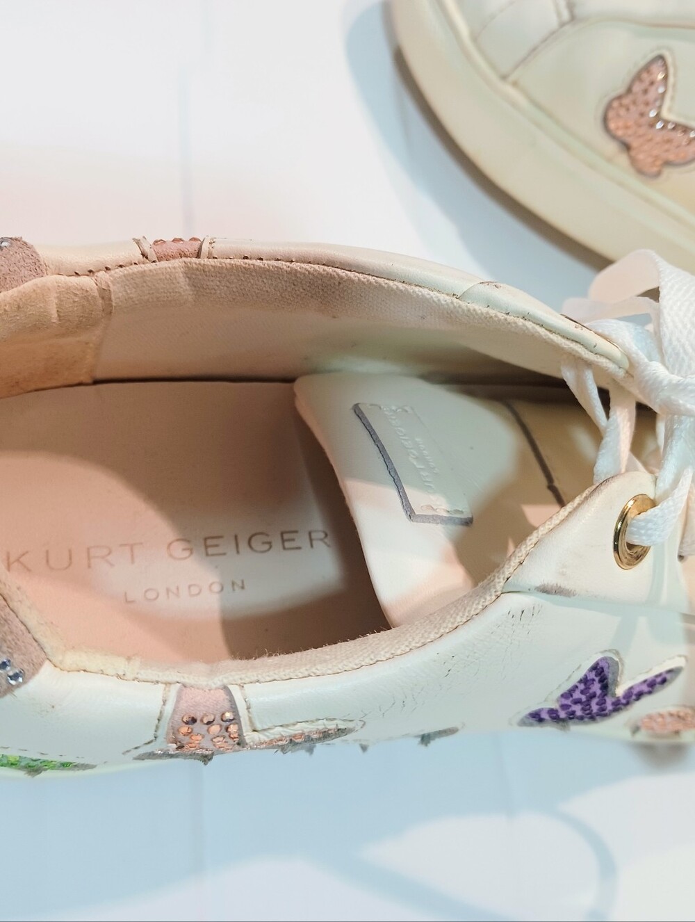 Kurt Geiger London Lane White Leather Sneakers Multicolor Rhinestone Butterflies - Picture 5 of 12